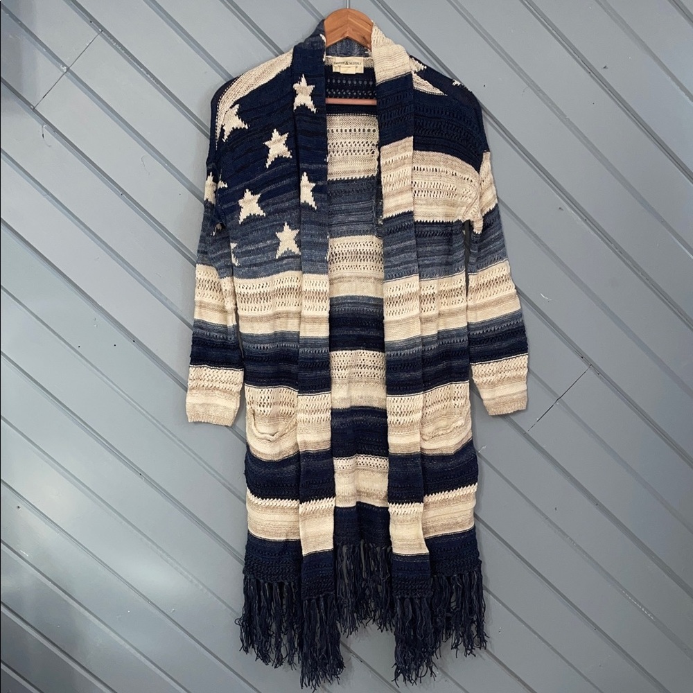 Denim & Supply Ralph Lauren American Flag Blue Cream Linen Blend Knit Cardigan